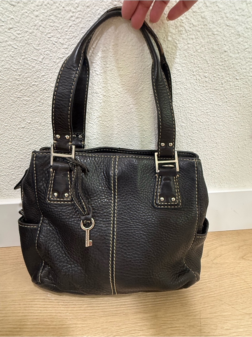 Fossil 75082 Black Pebbled Leather Shoulder Bag Satchel Purse